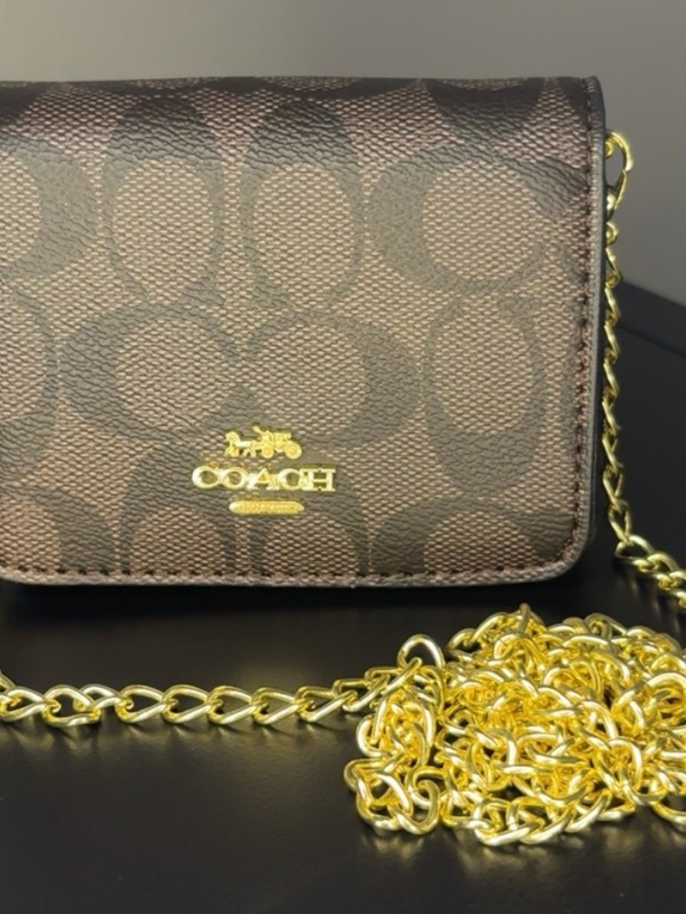 Coach Brown Signature Monogram Crossbody with Gold Chain Strap